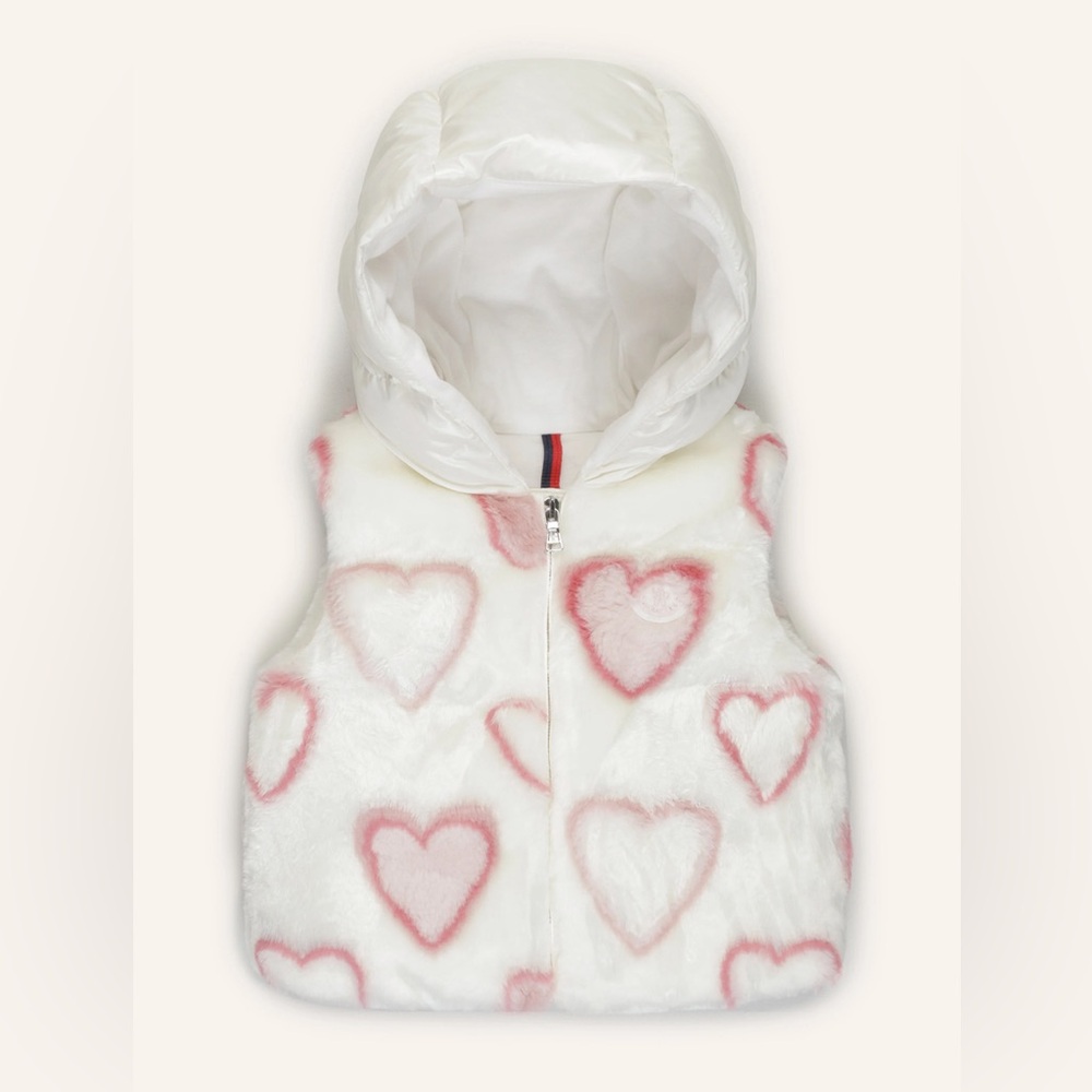 💯 Authentic Kids Moncler Adolis Hooded Fur Vest Beige with Pink Hearts Sz 3Y